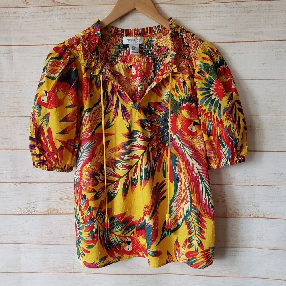 Rachel Zoe Parrot Tropical Cotton Textured Colorful Short Sleeve Blouse Top XS